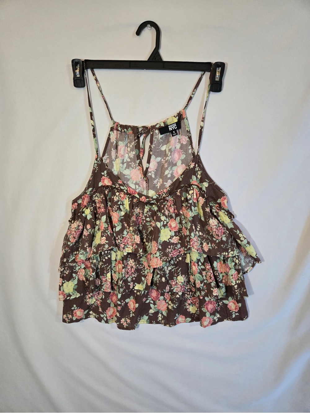 NYC Brown Floral Ruffle Camisole with Pink & Mint Accents